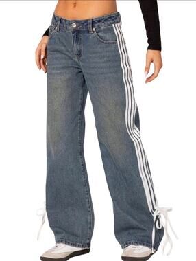 Cali 1850 Side Stripe Wide Leg Jeans Bow Tie Hem Size 9/29